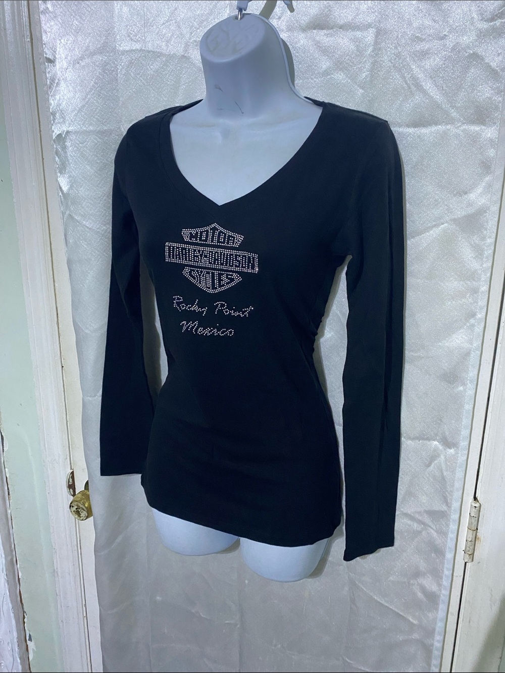 Harley-Davidson Black V-Neck Long Sleeve Rhinestone Logo Tee